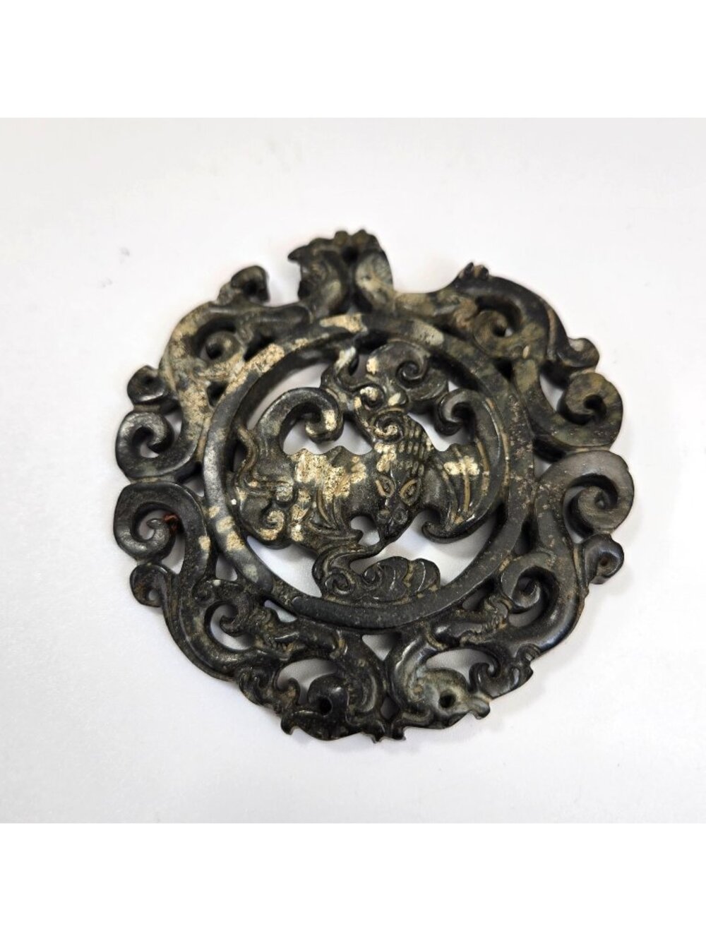 Carved Black Nephrite Jade Amulet Pendant Dragon 2.75" AS FOUND